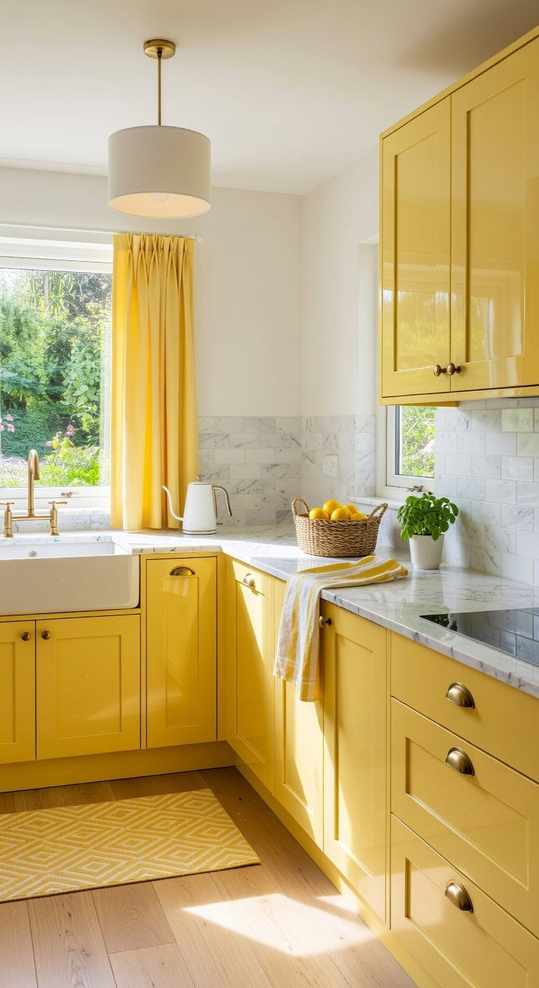 cheerful buttercup kitchen with marble accent