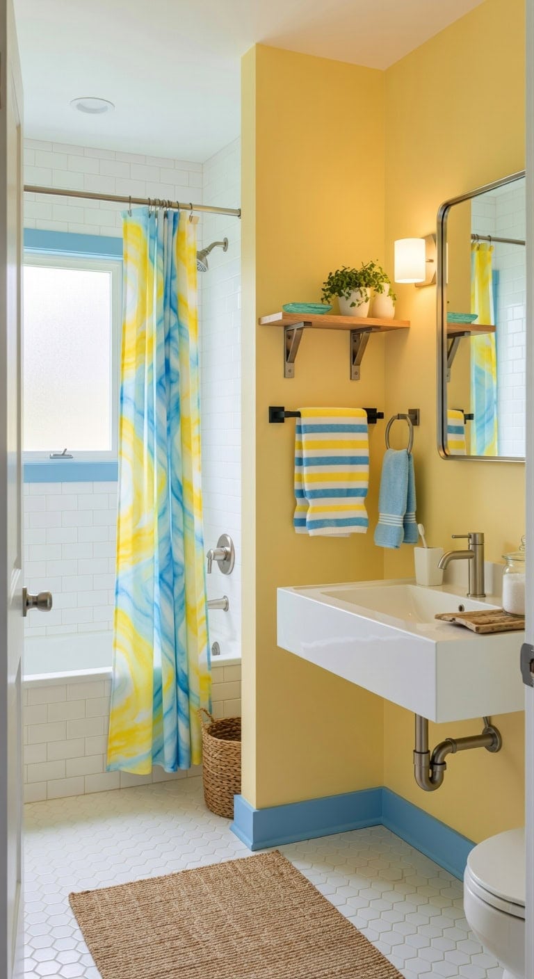cheerful yellow blue coastal bath