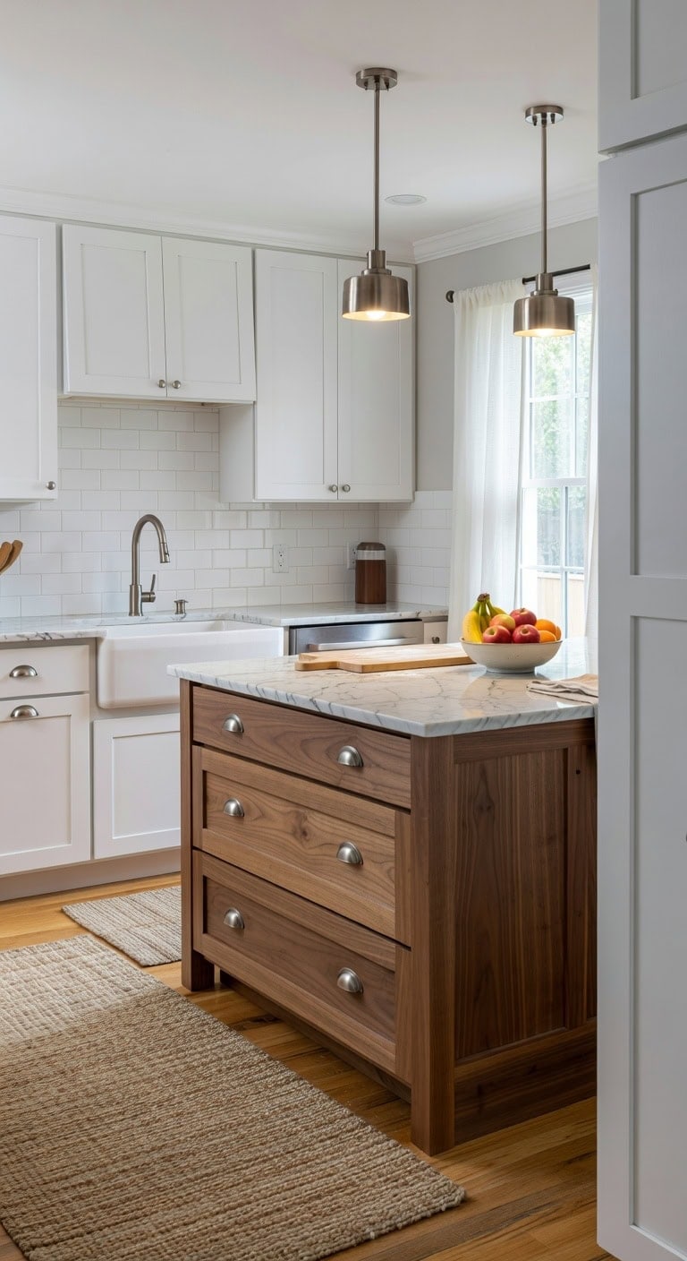 clean crisp white kitchen island