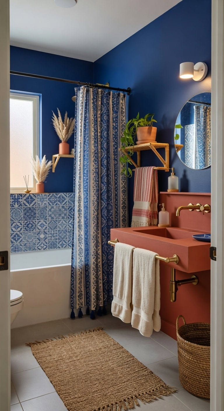 cobalt terracotta boho bathroom