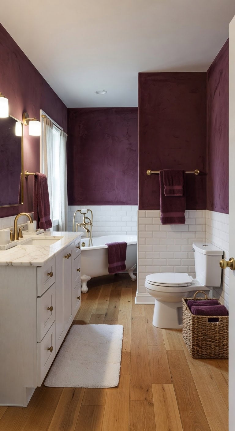 cohesive plum hued bathroom accessories