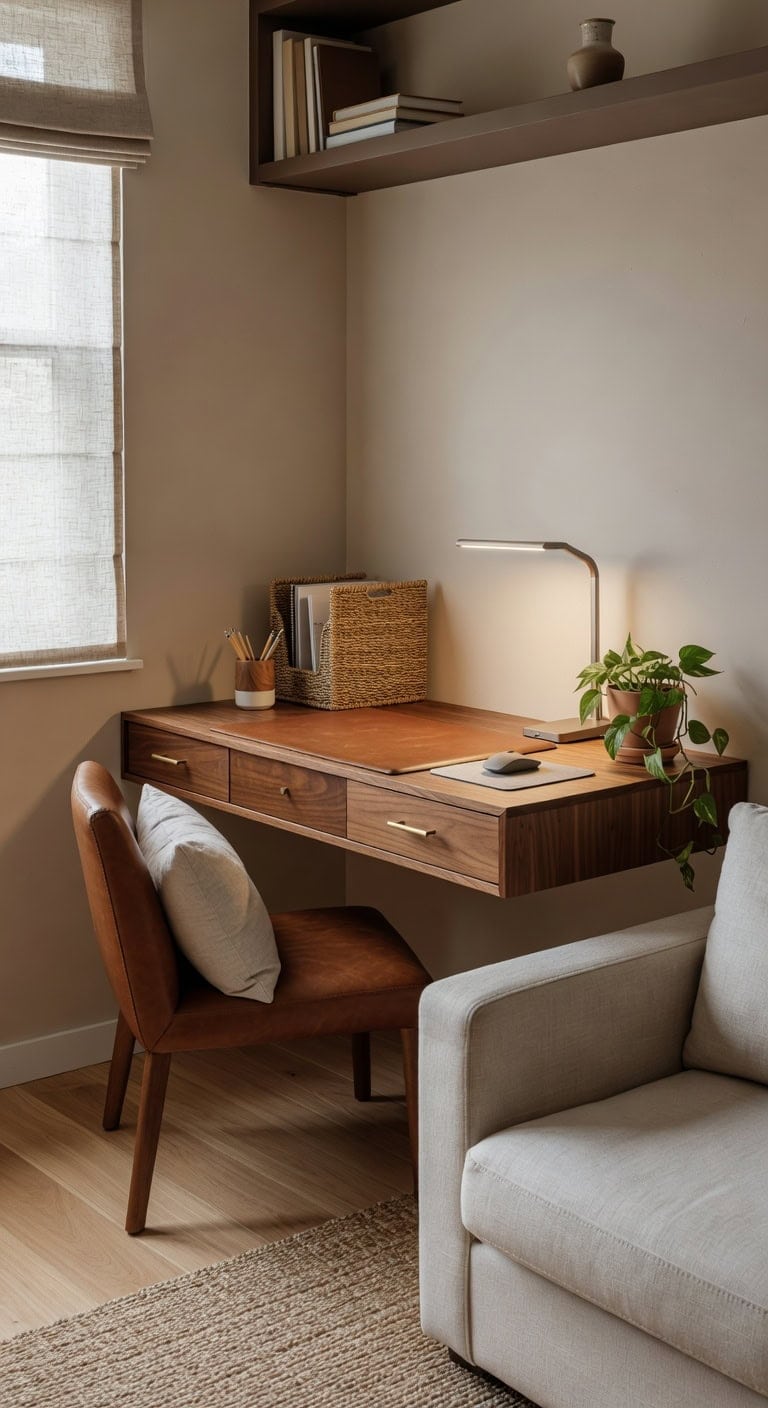 compact desk behind stylish living