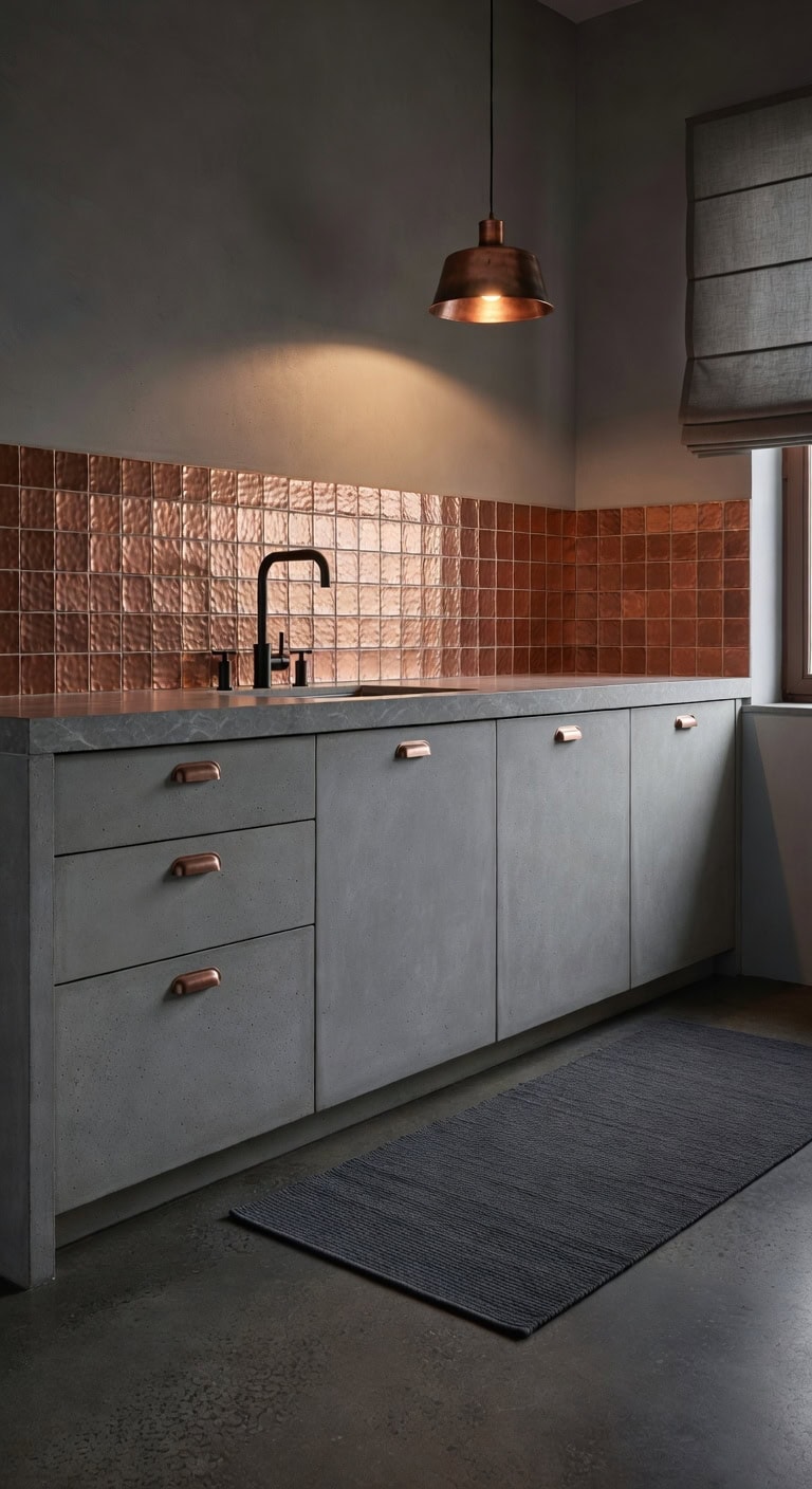contrasting concrete and copper kitchen