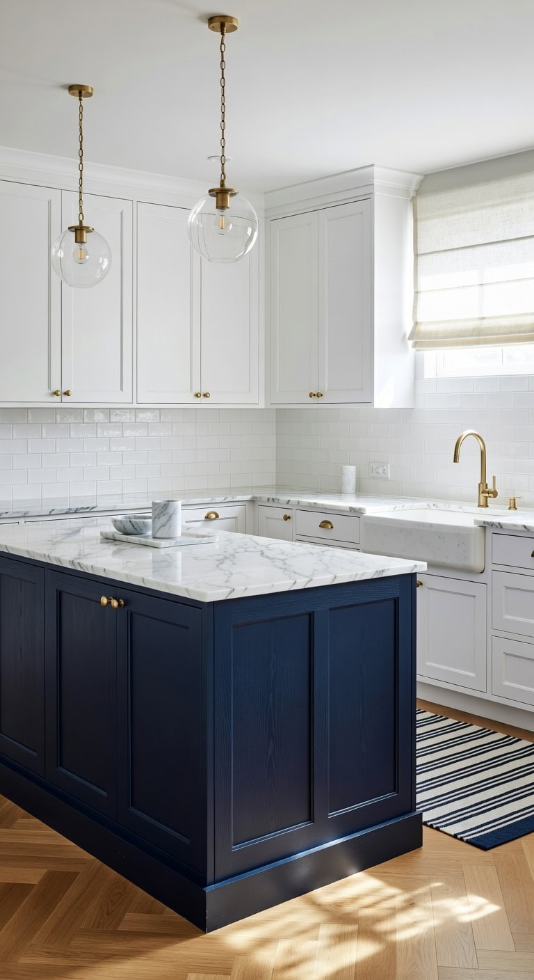 contrasting navy kitchen island centerpiece
