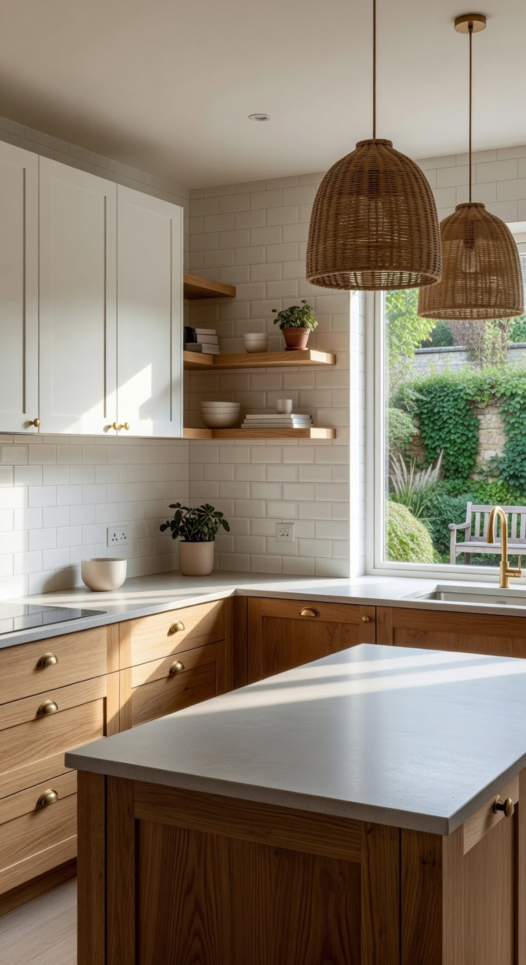 contrasting wood and white cabinets