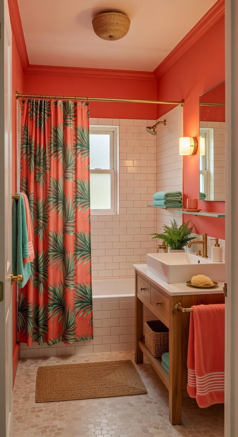 coral palm tropical bathroom vignette