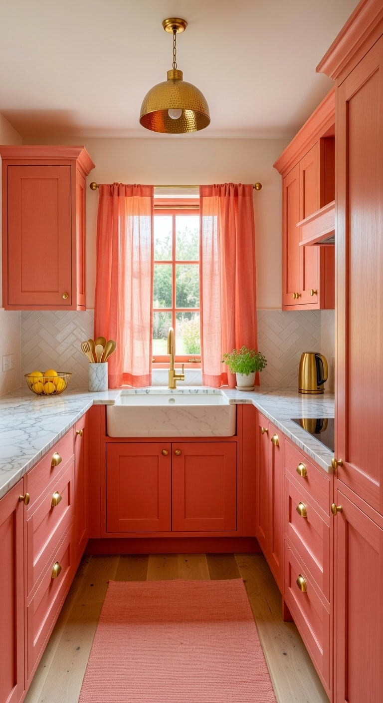 coral pink cabinets gold accents inviting