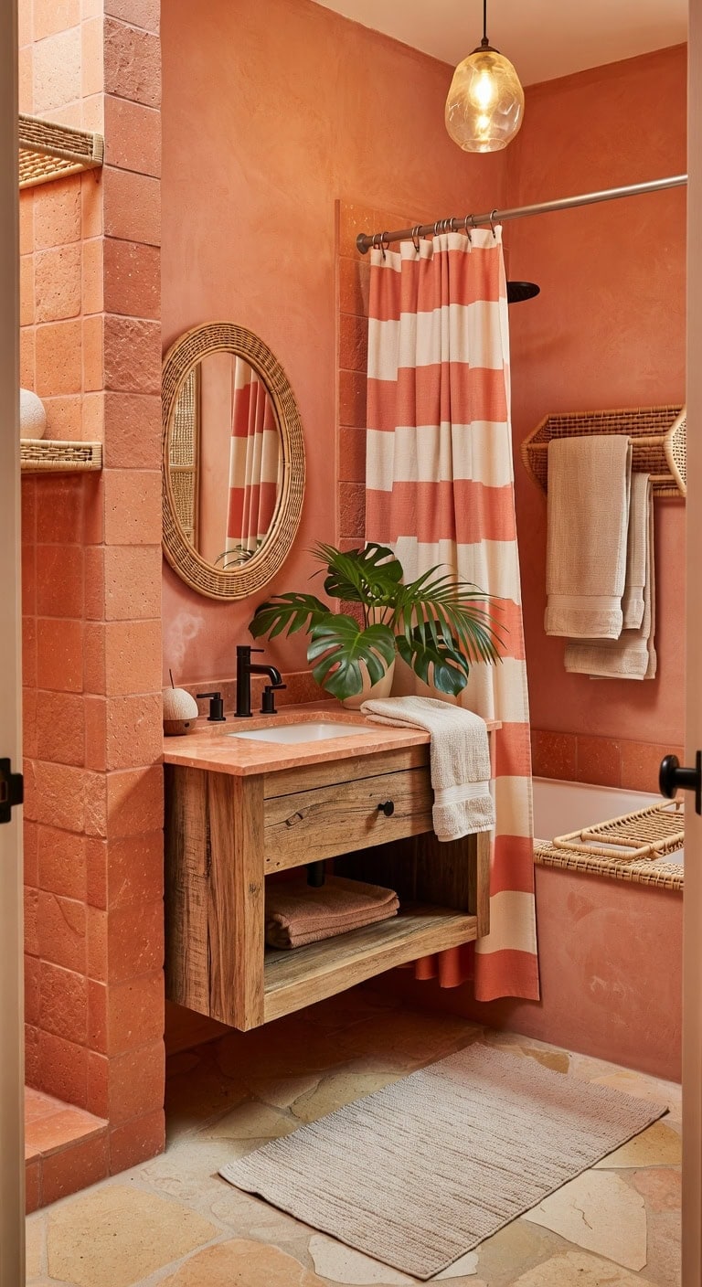 coral rattan tropical bathroom retreat