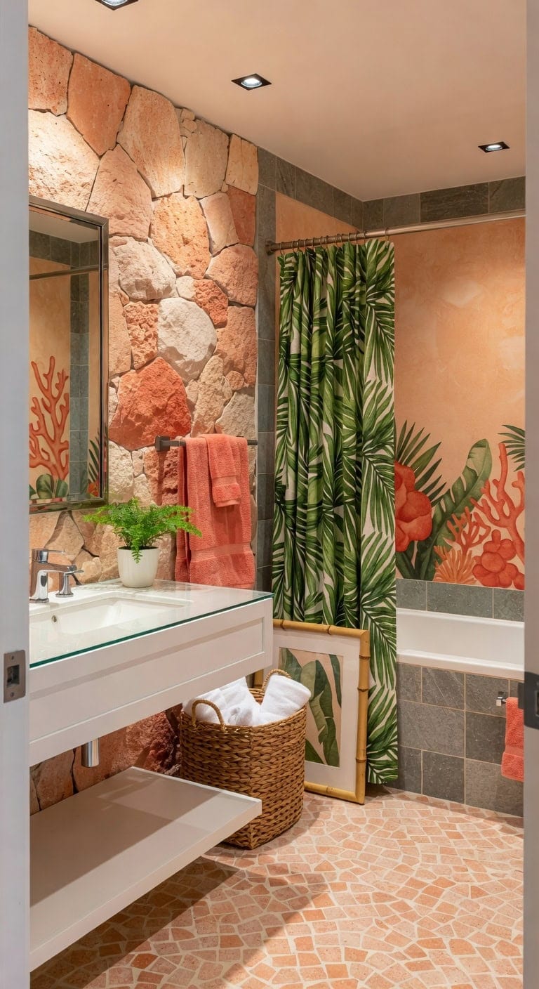 coral tropical rattan bathroom