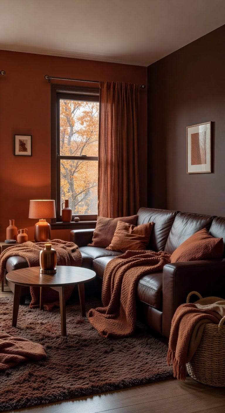 cozy cinnamon draped brown leather sectional