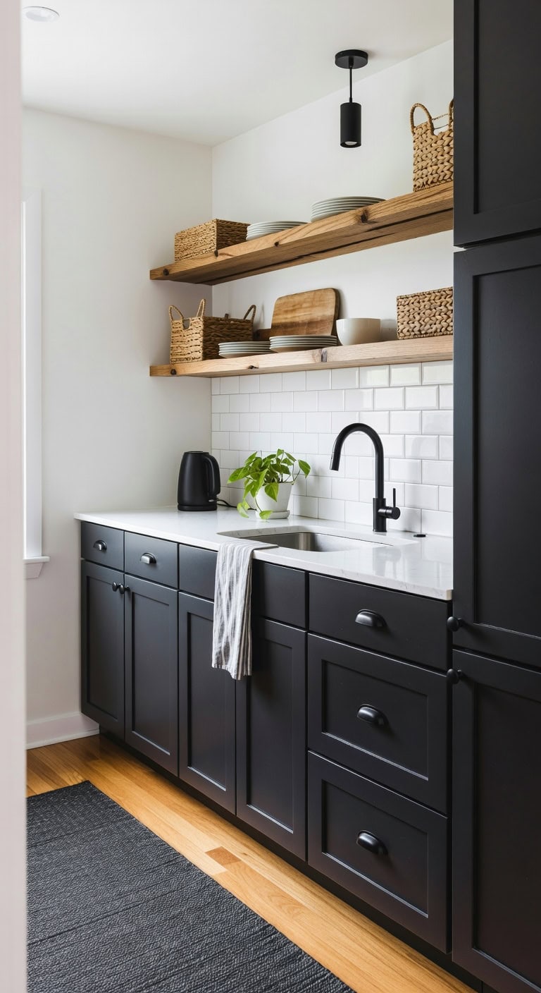 cozy dark kitchen contrast shelving