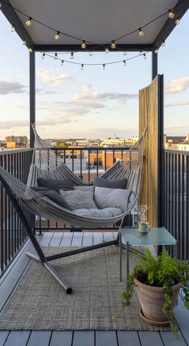 cozy grey hammock balcony nook