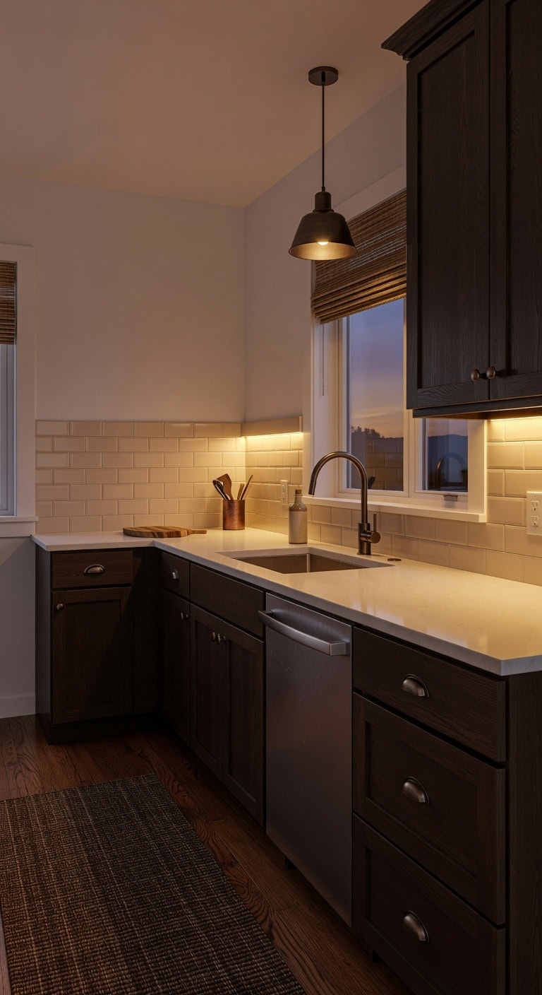 cozy inviting kitchen with dark cabinets