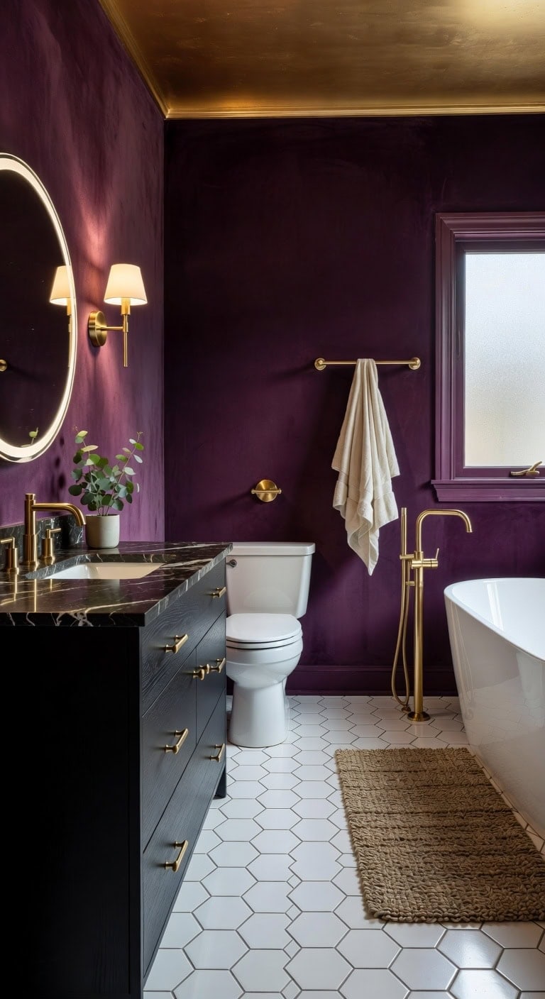 cozy inviting plum and brass bathroom