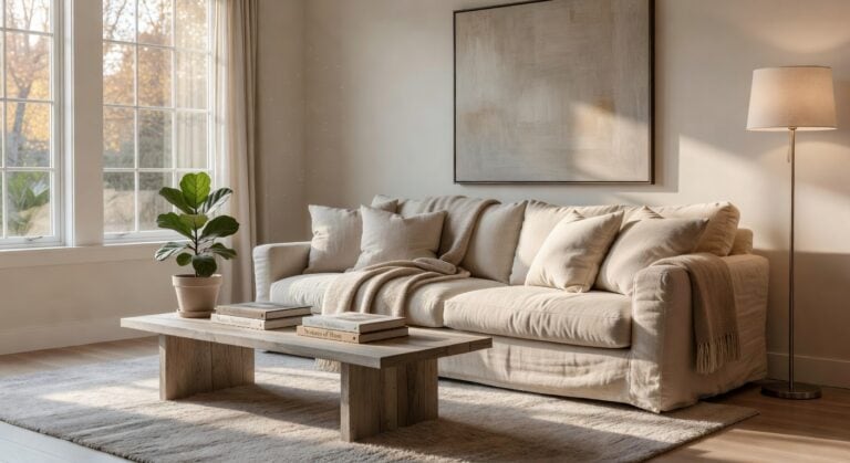 cozy linen covered oatmeal sofas