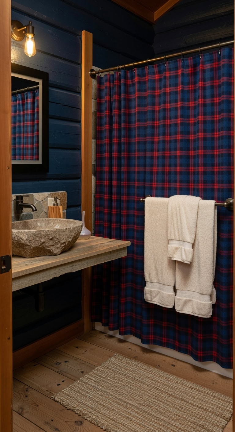 cozy navy cedar bathroom