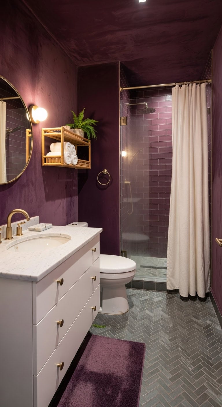 cozy sophisticated plum bathroom transformation