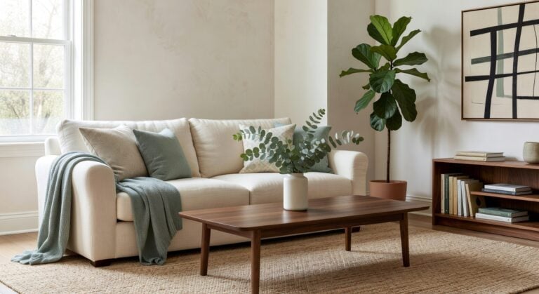 cream linen sofa with rolled arms