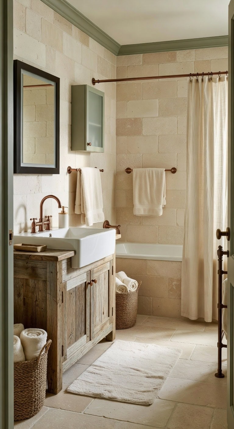 creamy limestone farmhouse bathroom