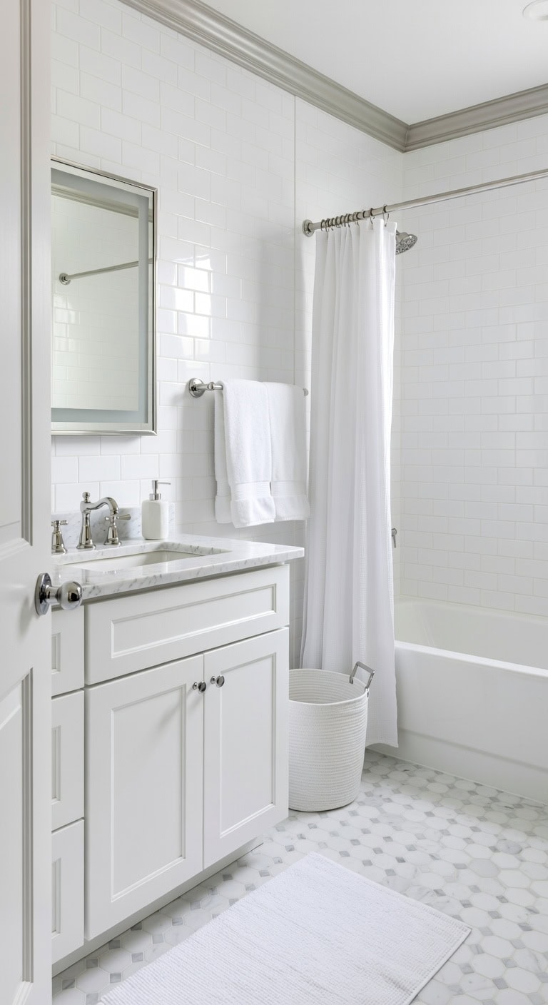 crisp white bathroom with chrome