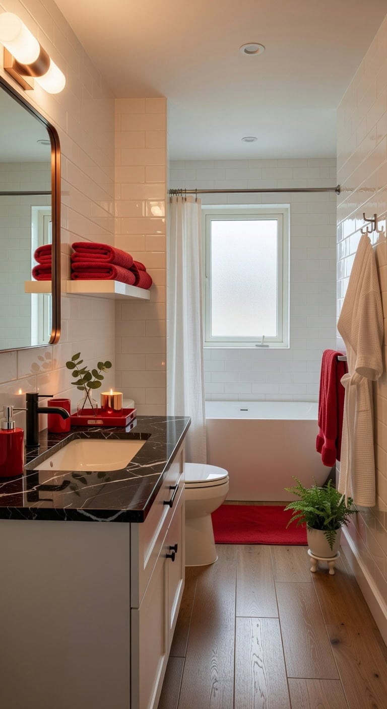 curated coordinated crimson bathroom details