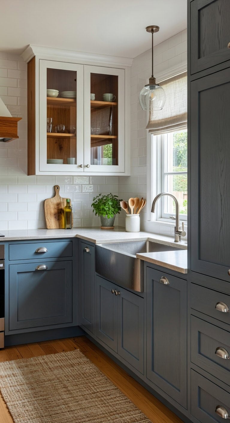 curated layered collected glass fronted kitchen