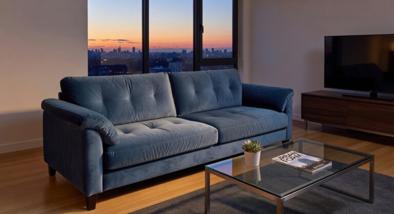 curated steel blue velvet sofas