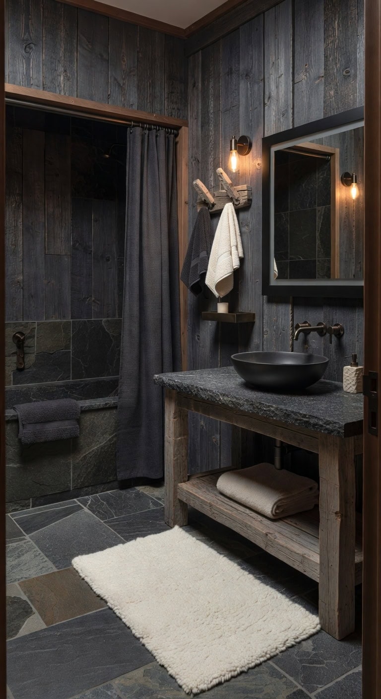 dark granite rustic alpine bathroom