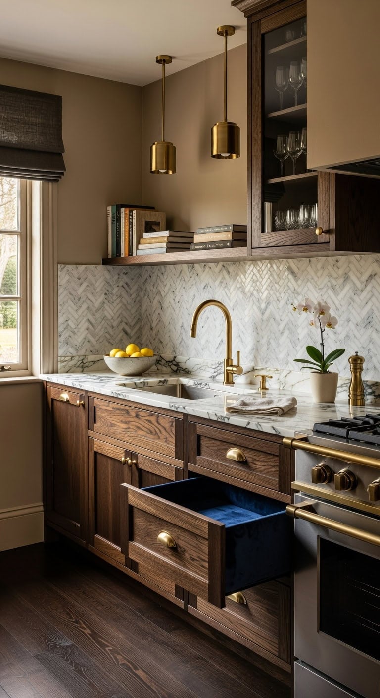 dark walnut brass velvet luxury