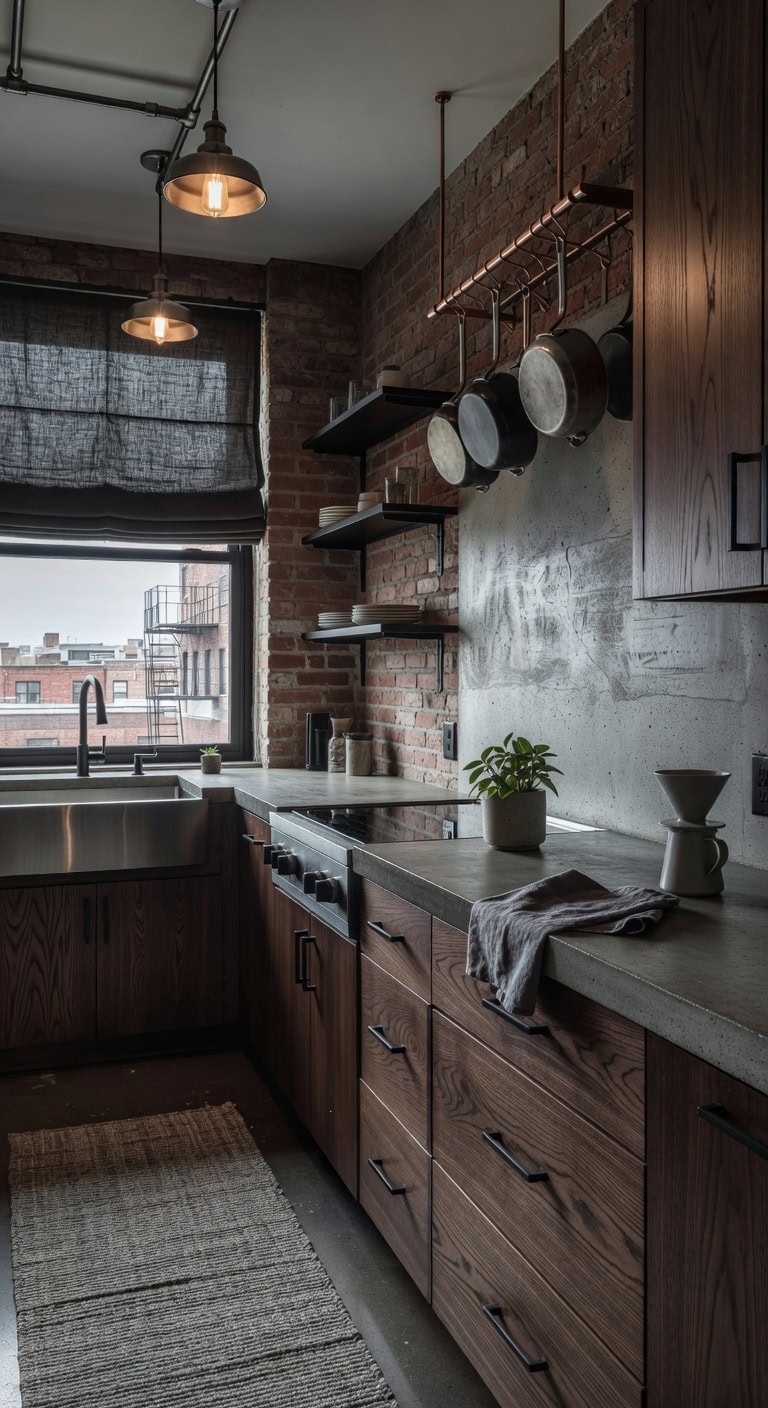 dark walnut industrial kitchen