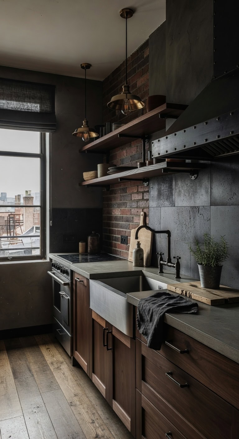 dark walnut industrial kitchen