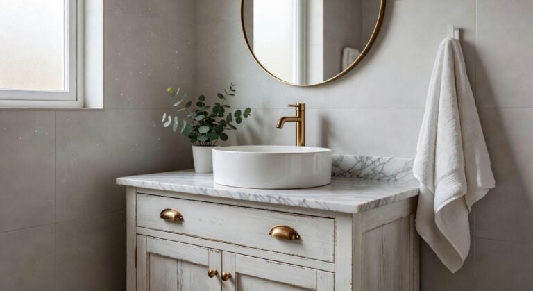 distressed white wood bathroom vanity