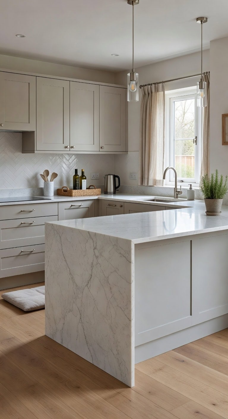 dramatic greige kitchen with quartz island