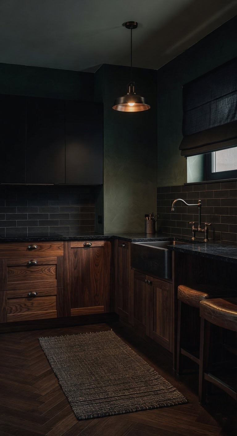 dramatic moody kitchen with dark warmth