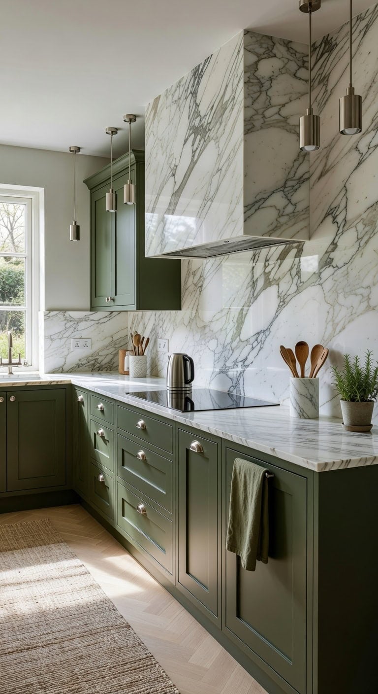 dramatic olive green marble backsplash