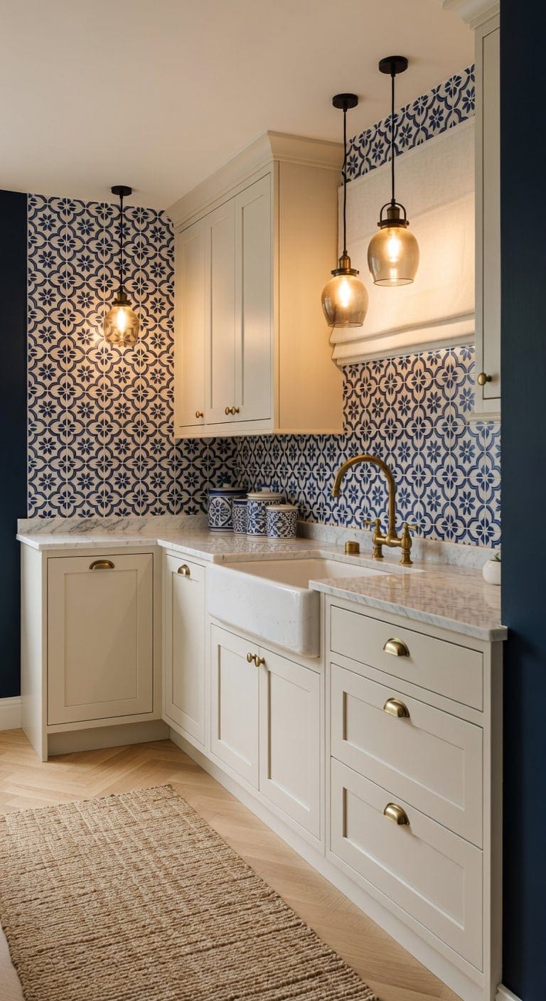dramatic white cabinets bold patterned backsplash