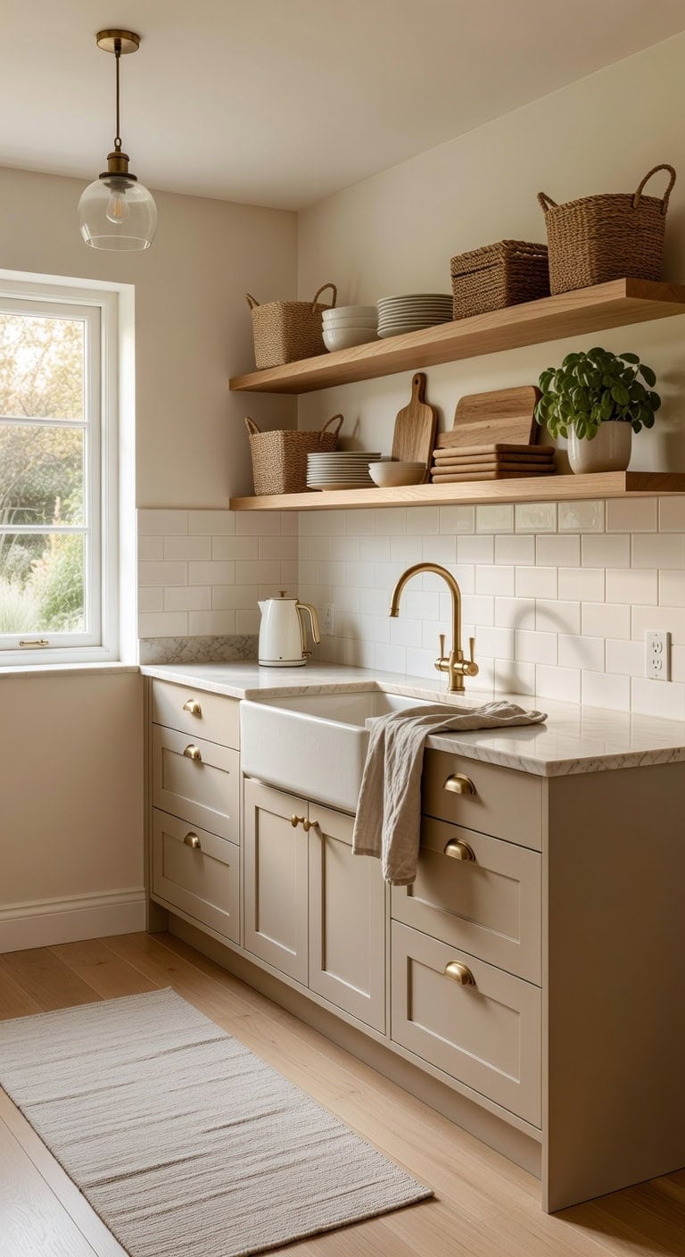 earthy greige cabinets collected open shelves