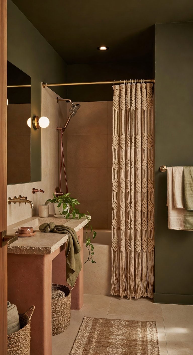 earthy olive boho bathroom