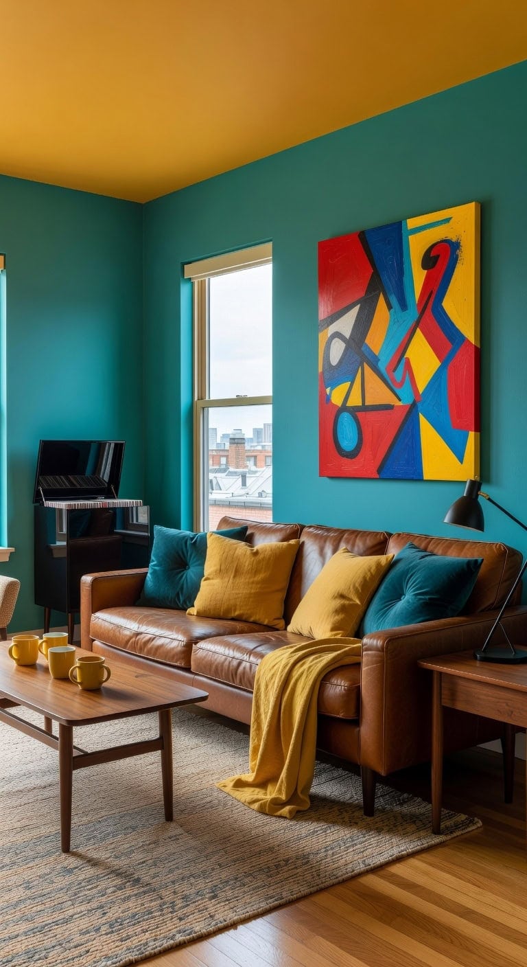 eclectic teal mustard retro living
