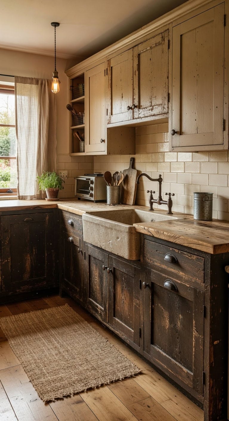 effortlessly charming rustic salvaged cabinets