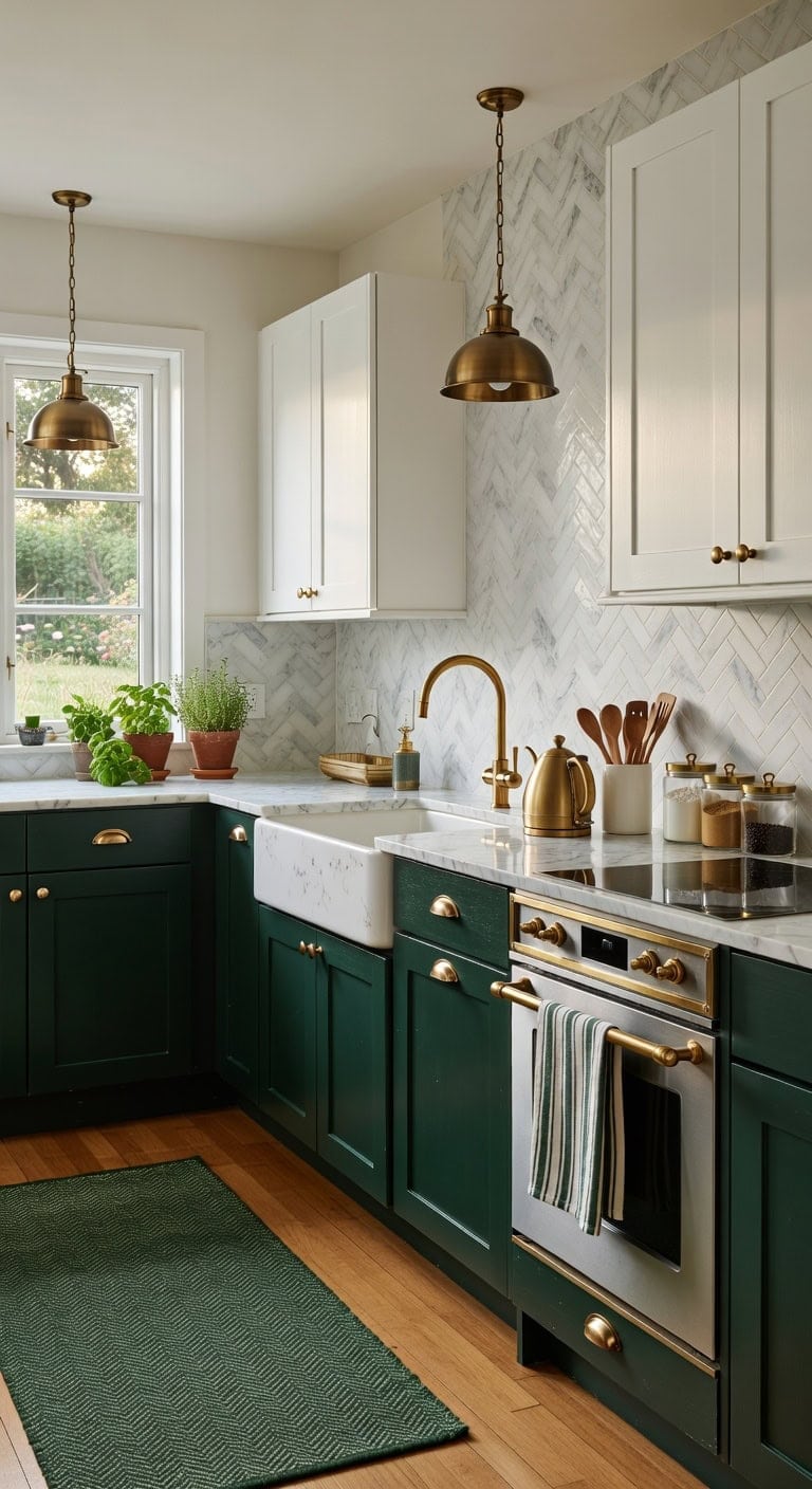 elegant forest green and brass accents