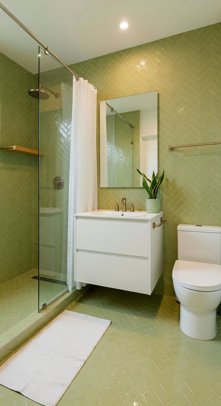 elegant pistachio herringbone bathroom transformation