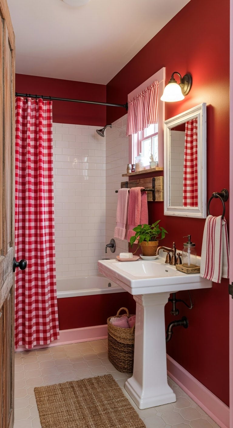 gingham farmhouse red pink bathroom