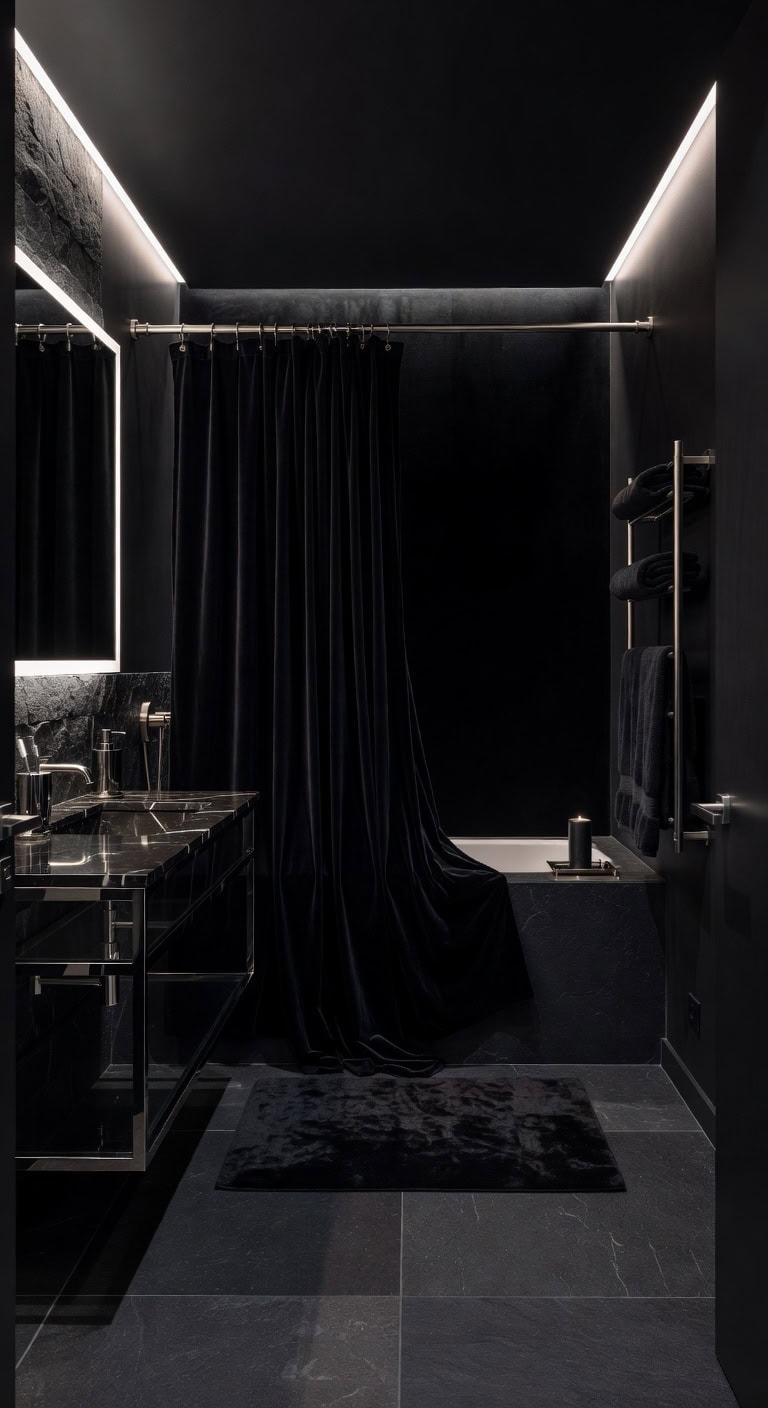glam rock velvet bathroom