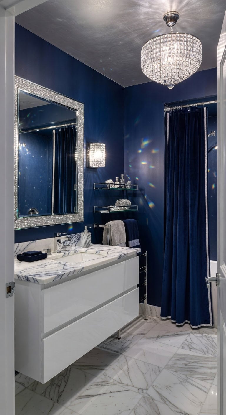 glamorous navy crystal bathroom