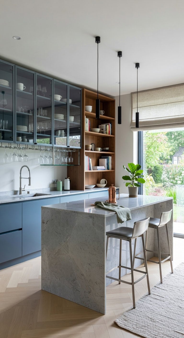 glass front modern entertaining kitchen