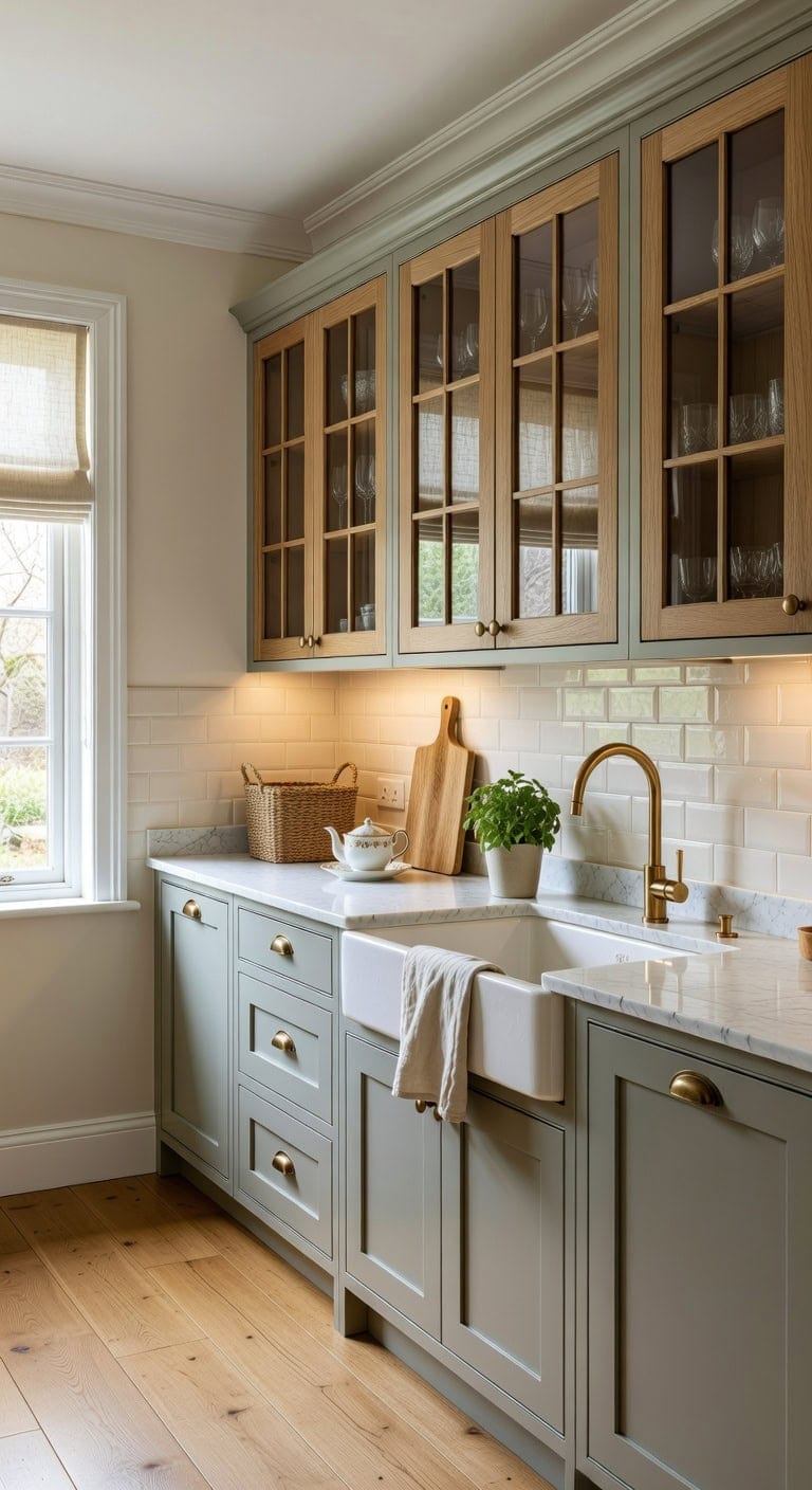 glass front sage green cabinets