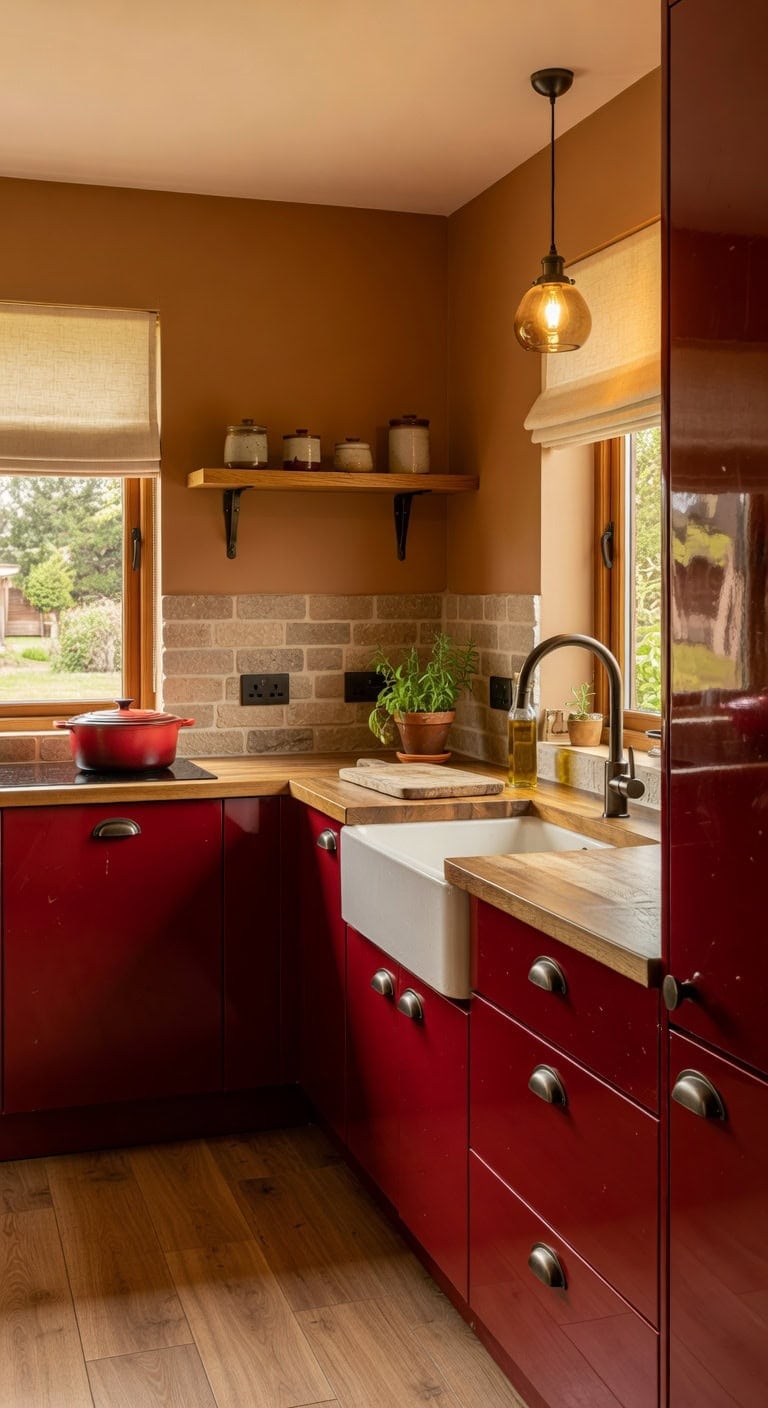 gleaming red cabinetry rustic wood accents
