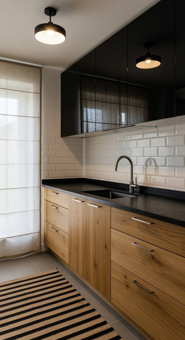 glossy black matte wood layered contrast