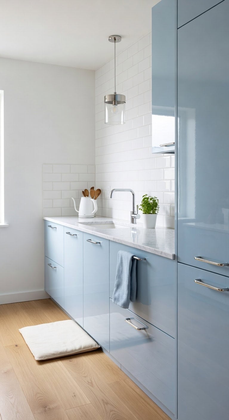 glossy light blue lacquer cabinets shine